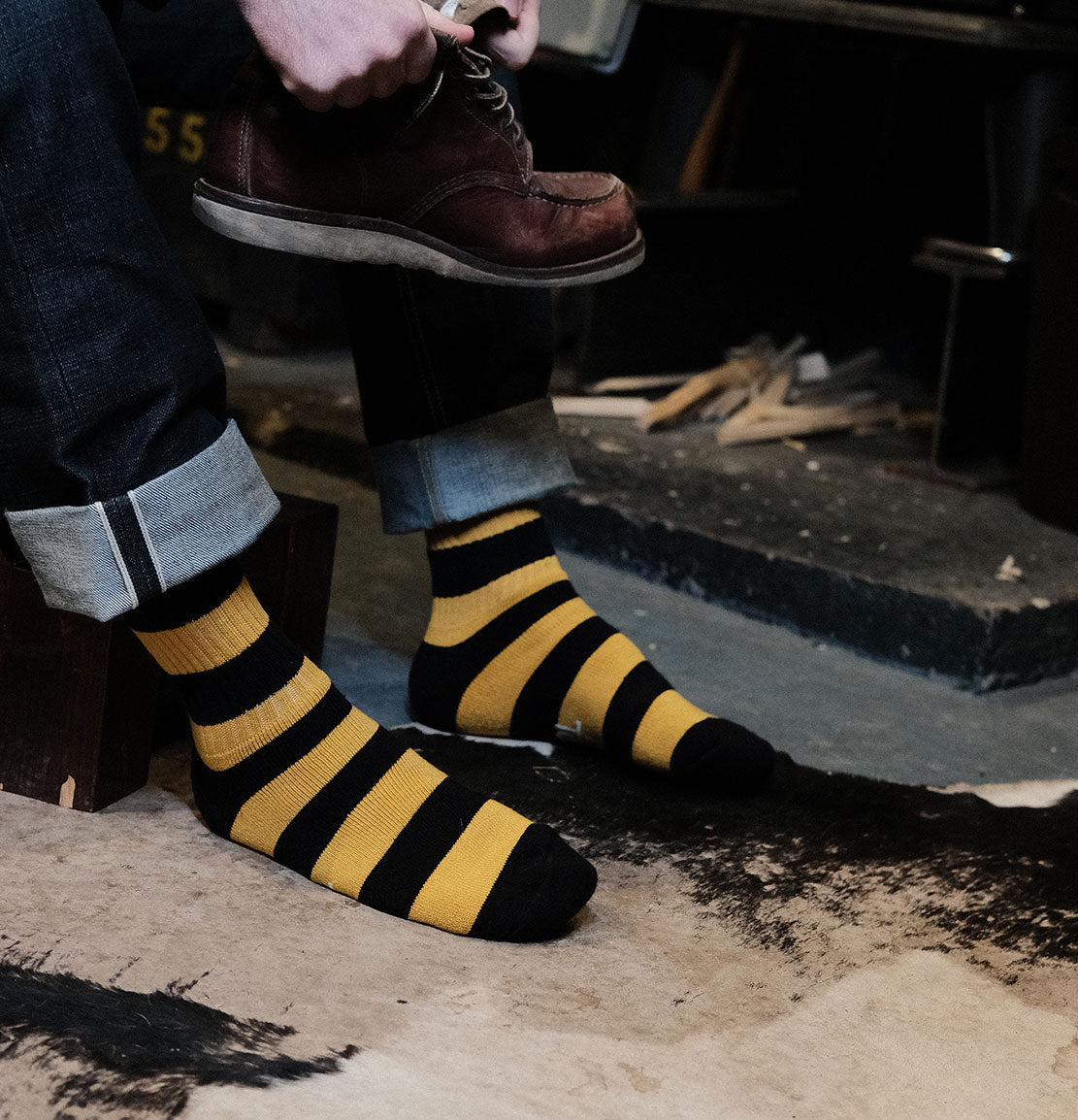 black mustard striped socks